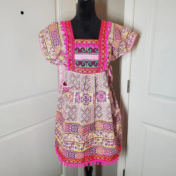 Pink Boho Thai Dress One Size Midi Tie Sides Embroidered Multi Color - Picture 3 of 16